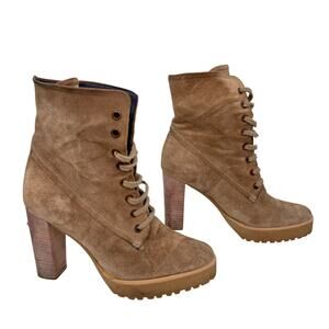 Castaner SPAIN Bootie 37 Beige Suede Almond Toe Lace-Up Block Heel Ankle Boot